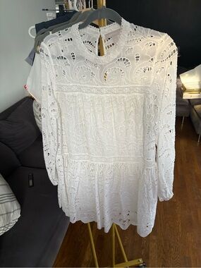 White Eyelet Lace Long-Sleeve Tunic Dress